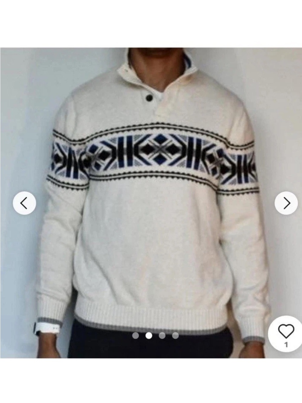 CHAPS Nordic Sweater Men’s S Ivory Fair Isle Mock Neck Cotton